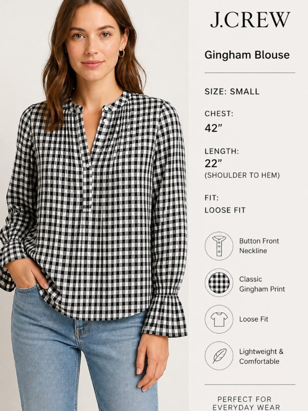 J.Crew Gingham Blouse Size Small | Black White Check | Button Front Loose Fit To